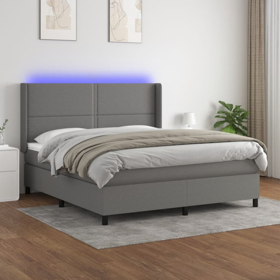 vidaXL Boxspring met matras en LED stof donkergrijs 160x200 cm afbeelding 1