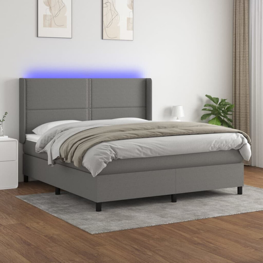 vidaXL Boxspring met matras en LED stof donkergrijs 180x200 cm afbeelding 1