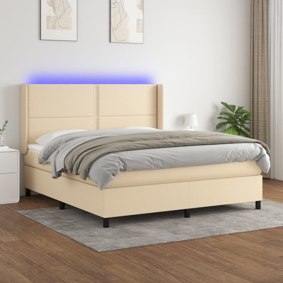 vidaXL Boxspring met matras en LED stof crèmekleurig 180x200 cm vidaXL Boxspring met matras en LED stof crèmekleurig 180x200 cm afbeelding 1