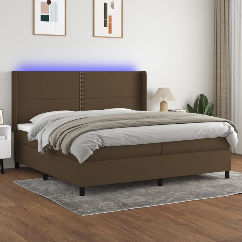 vidaXL Boxspring met matras en LED stof donkerbruin 200x200 cm afbeelding 1