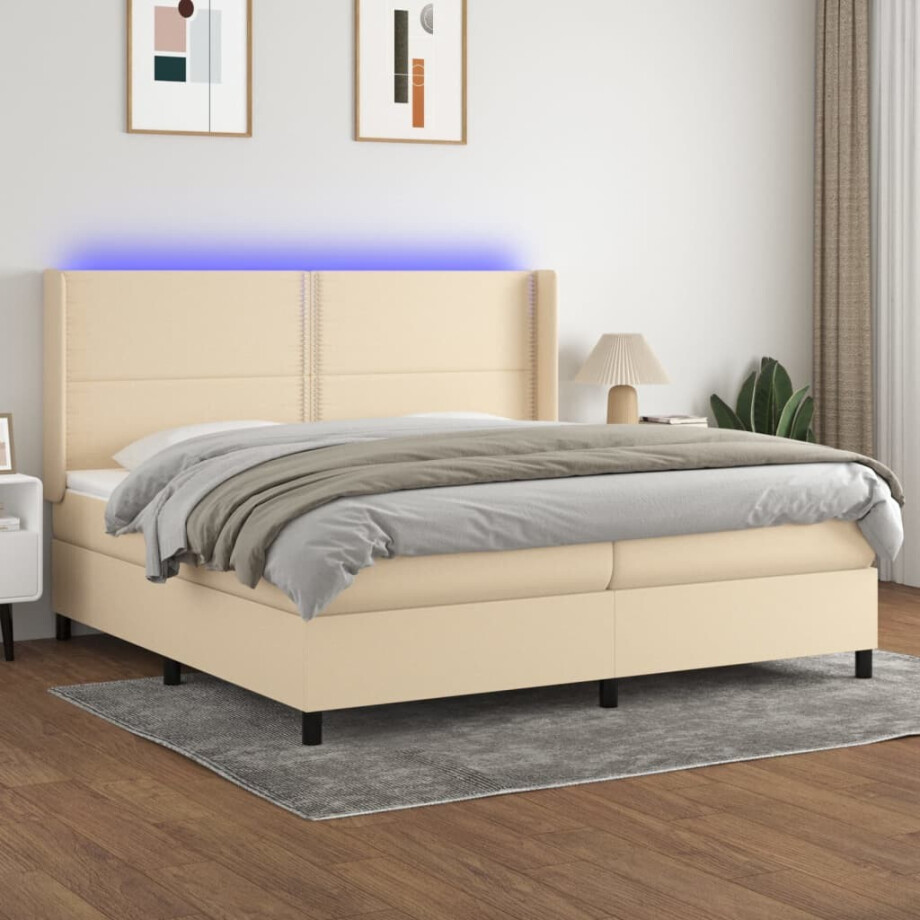 vidaXL Boxspring met matras en LED stof crèmekleurig 200x200 cm afbeelding 1