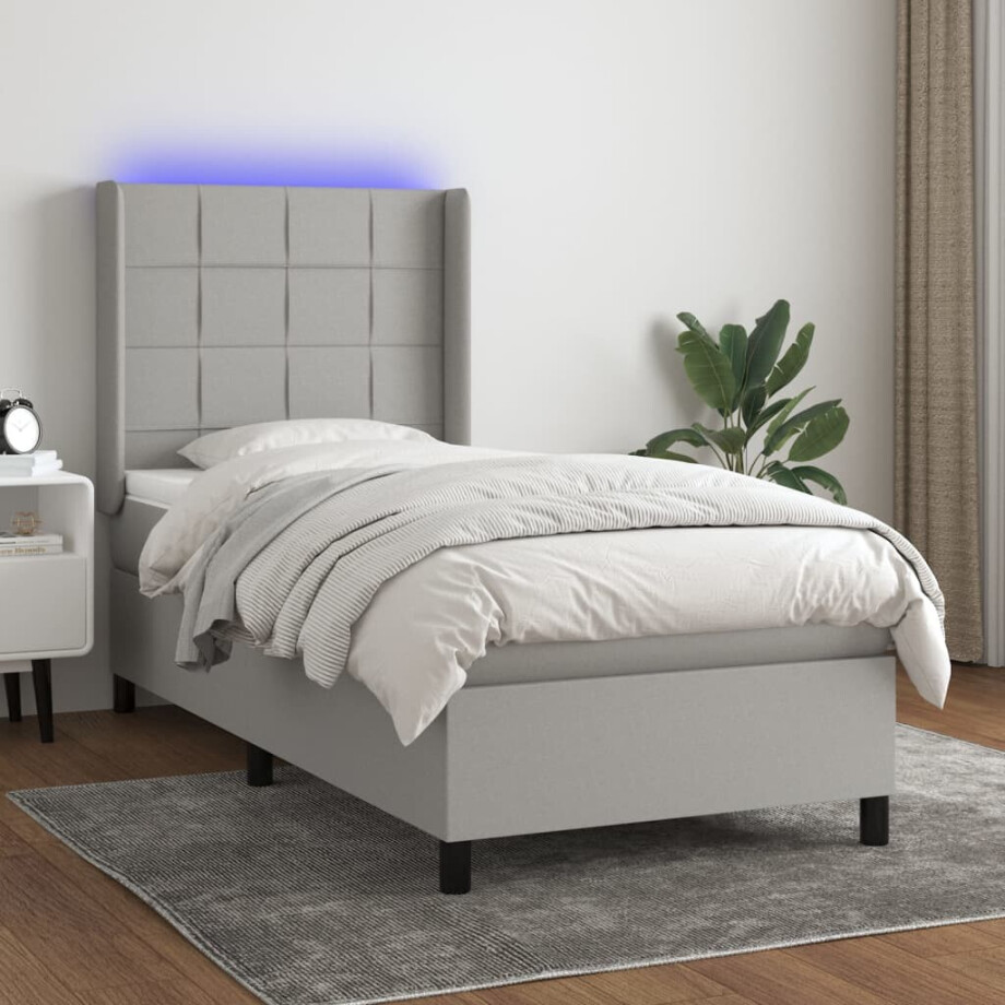 vidaXL Boxspring met matras en LED stof lichtgrijs 100x200 cm afbeelding 1