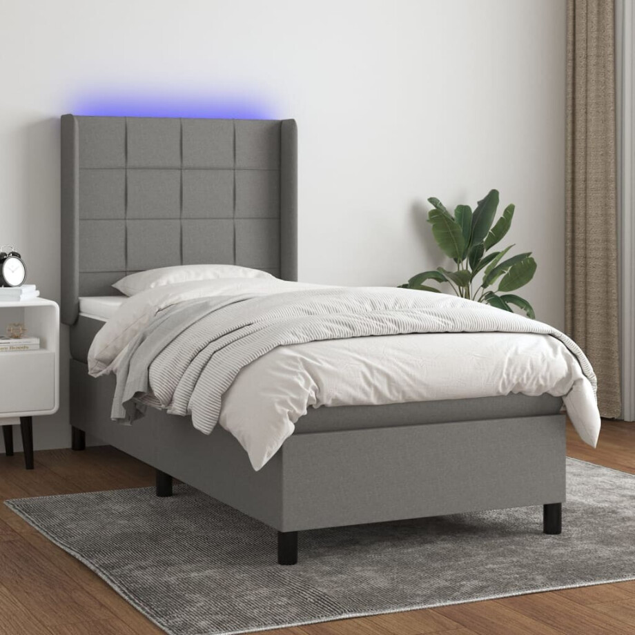 vidaXL Boxspring met matras en LED stof donkergrijs 100x200 cm afbeelding 1