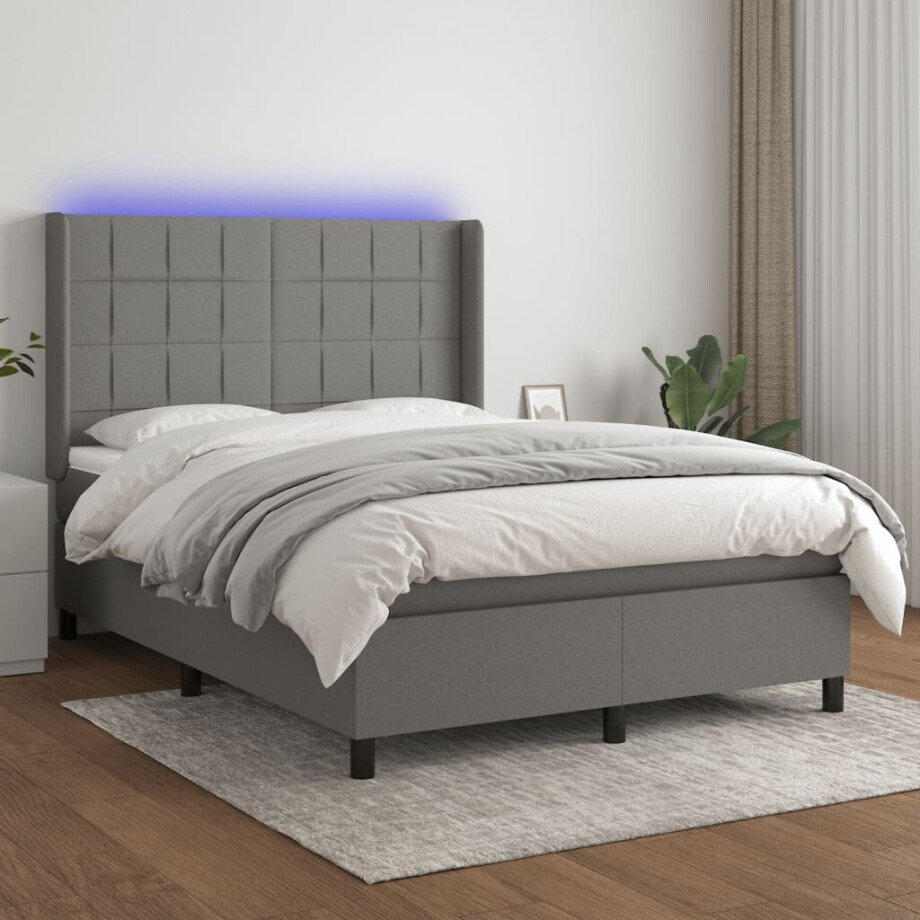 vidaXL Boxspring met matras en LED stof donkergrijs 140x190 cm afbeelding 1