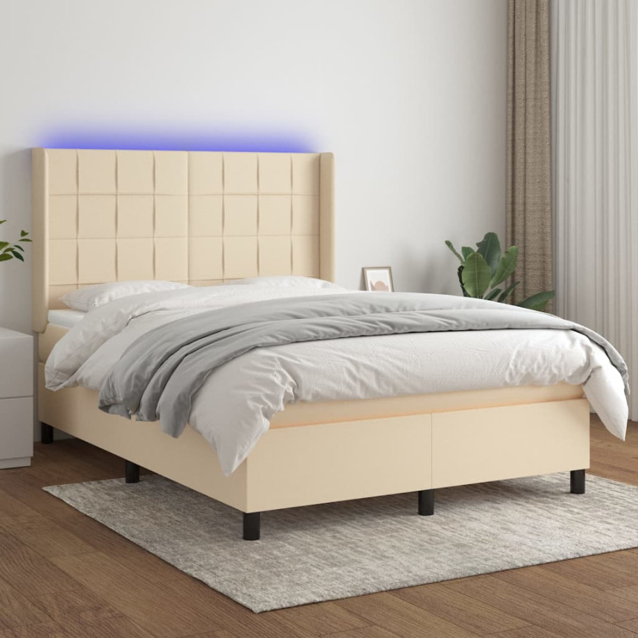 vidaXL Boxspring met matras en LED stof crèmekleurig 140x190 cm afbeelding 1