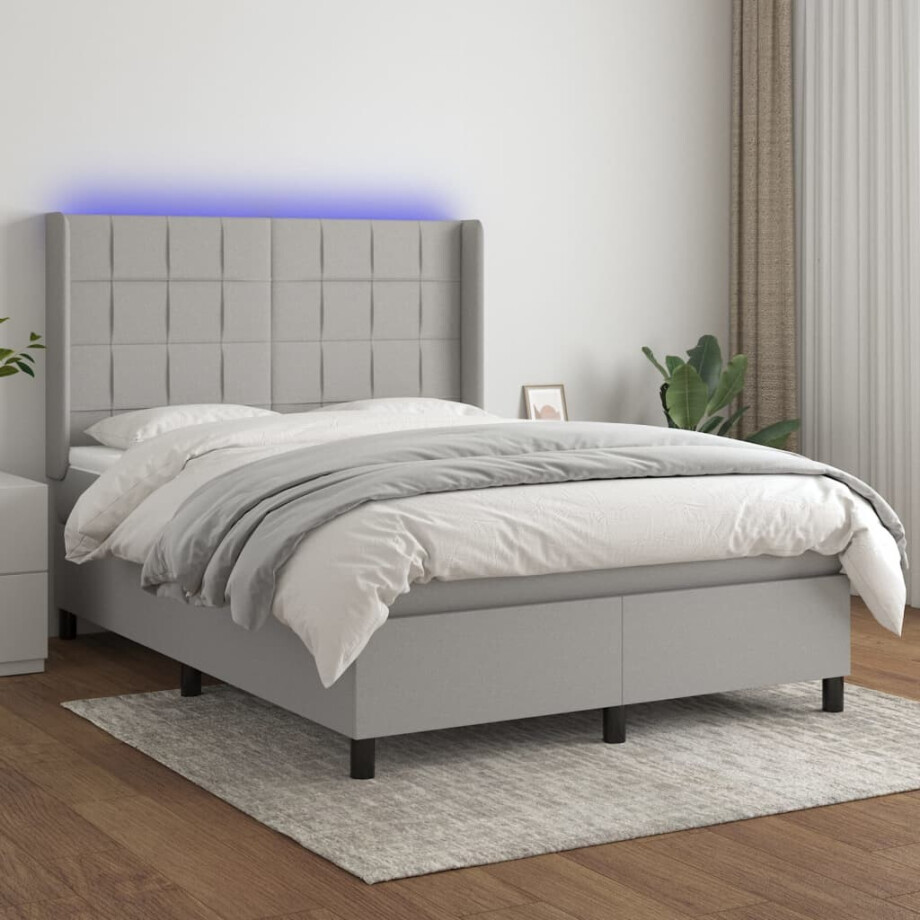 vidaXL Boxspring met matras en LED stof lichtgrijs 140x200 cm afbeelding 1