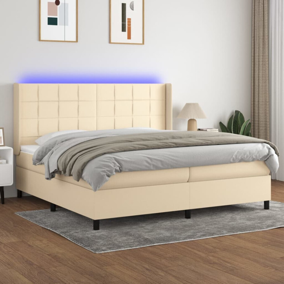vidaXL Boxspring met matras en LED stof crèmekleurig 200x200 cm afbeelding 1