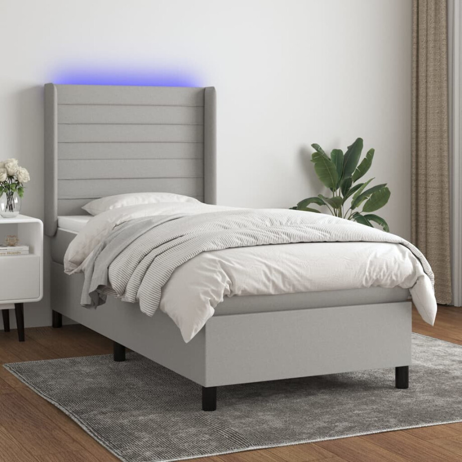 vidaXL Boxspring met matras en LED stof lichtgrijs 90x200 cm afbeelding 1