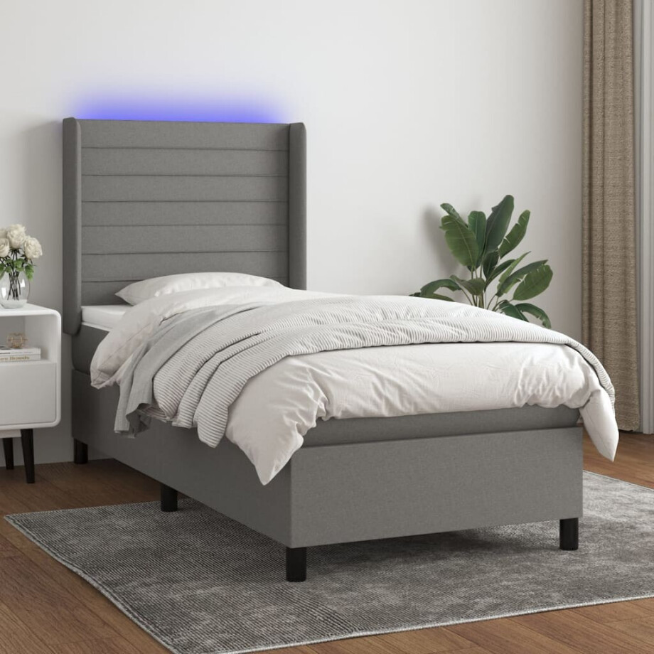 vidaXL Boxspring met matras en LED stof donkergrijs 100x200 cm afbeelding 1