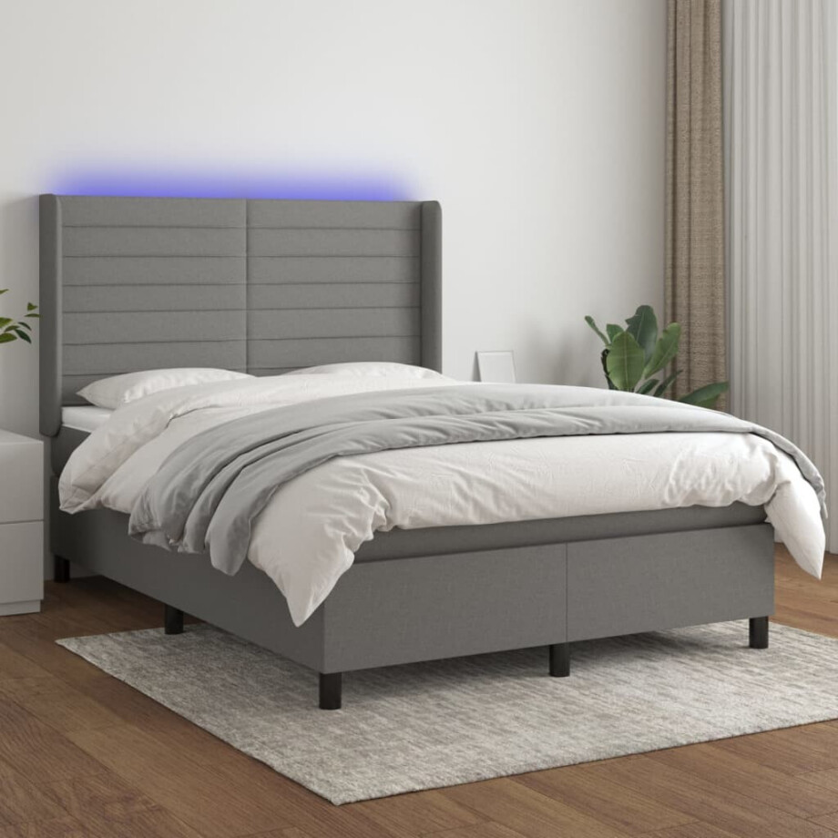 vidaXL Boxspring met matras en LED stof donkergrijs 140x190 cm afbeelding 1