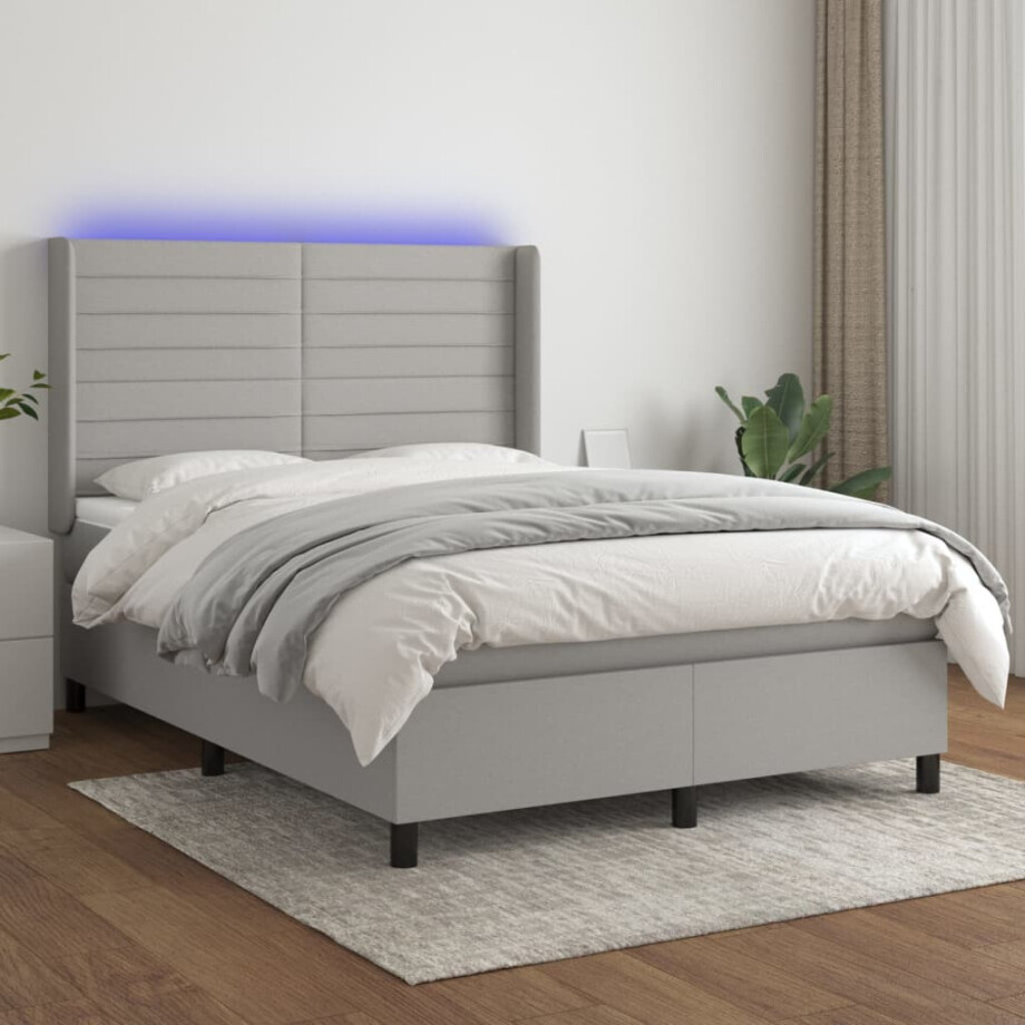 vidaXL Boxspring met matras en LED stof lichtgrijs 140x200 cm afbeelding 1