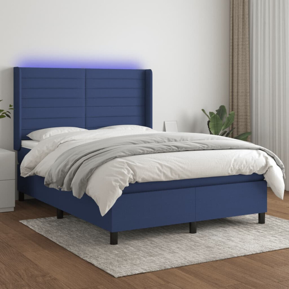 vidaXL Boxspring met matras en LED stof blauw 140x200 cm afbeelding 1