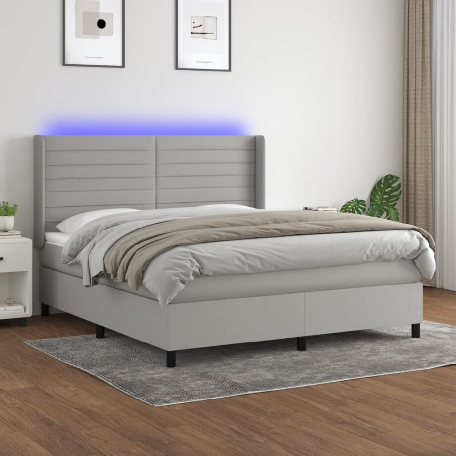 vidaXL Boxspring met matras en LED stof lichtgrijs 180x200 cm afbeelding 1