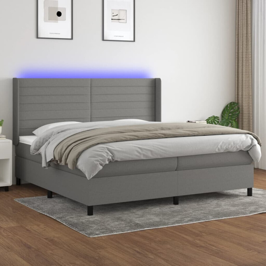 vidaXL Boxspring met matras en LED stof donkergrijs 200x200 cm afbeelding 1