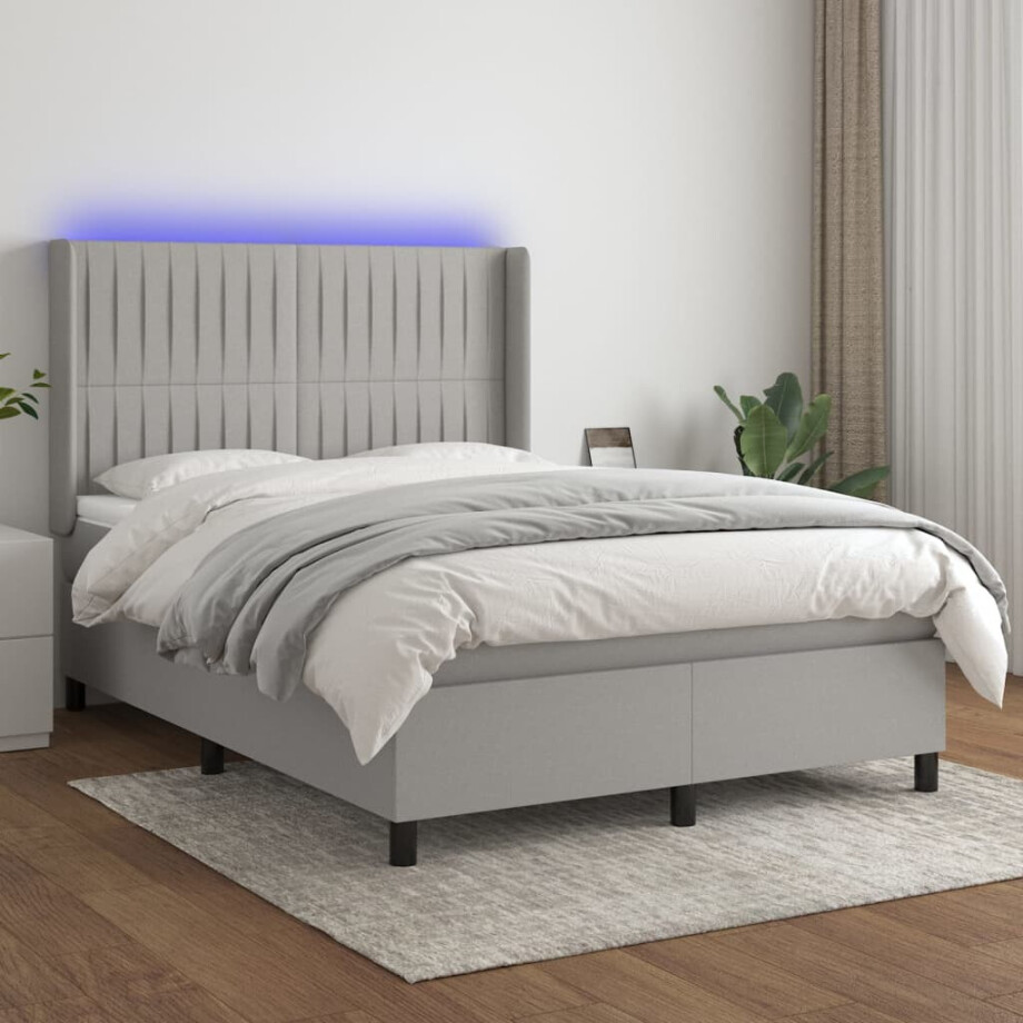vidaXL Boxspring met matras en LED stof lichtgrijs 140x200 cm afbeelding 1