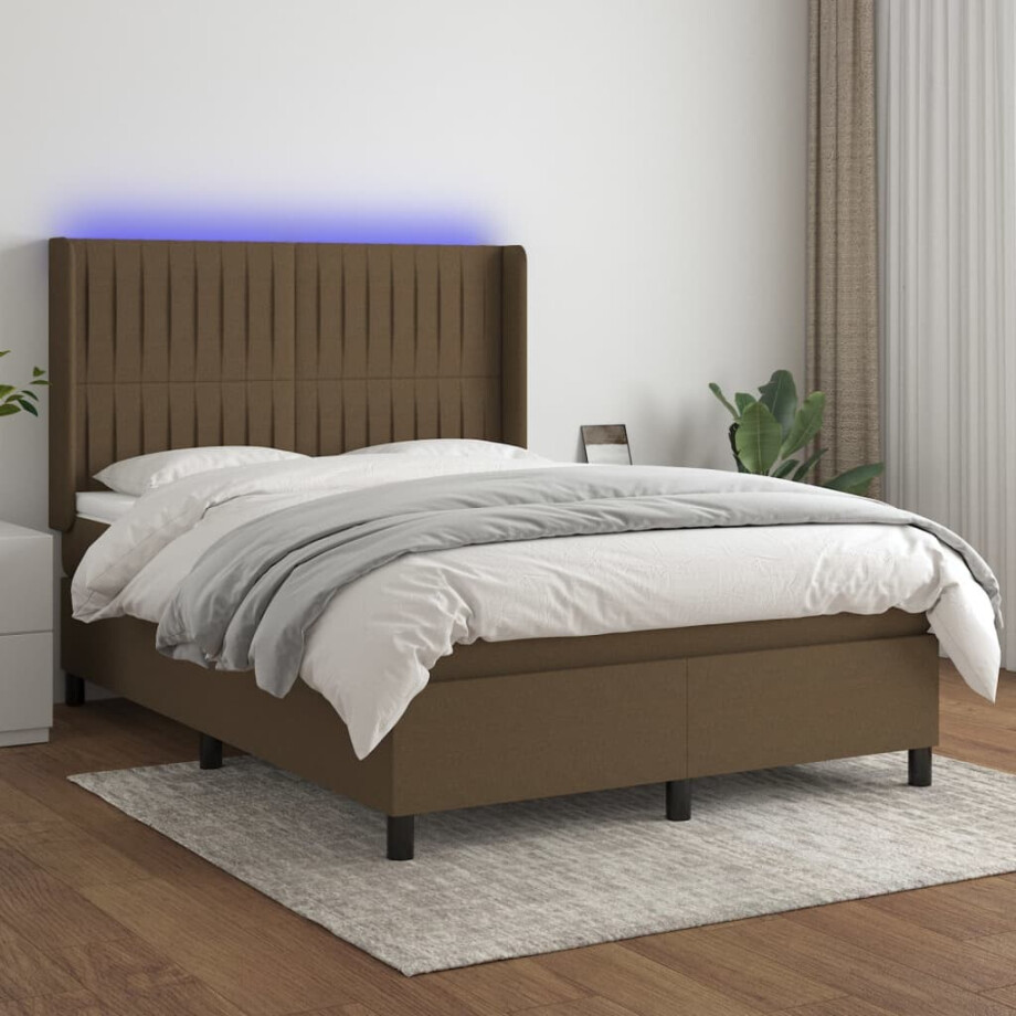 vidaXL Boxspring met matras en LED stof donkerbruin 140x200 cm afbeelding 1