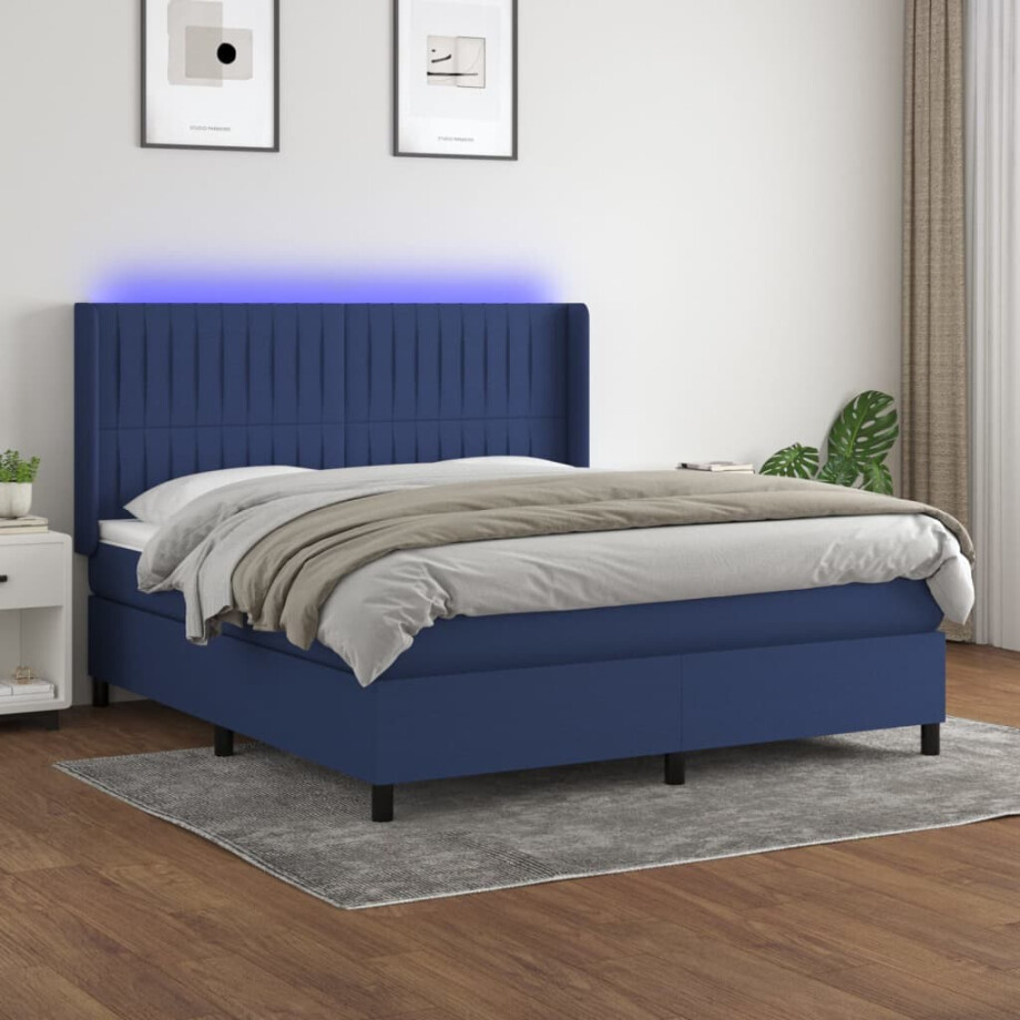 vidaXL Boxspring met matras en LED stof blauw 180x200 cm afbeelding 1