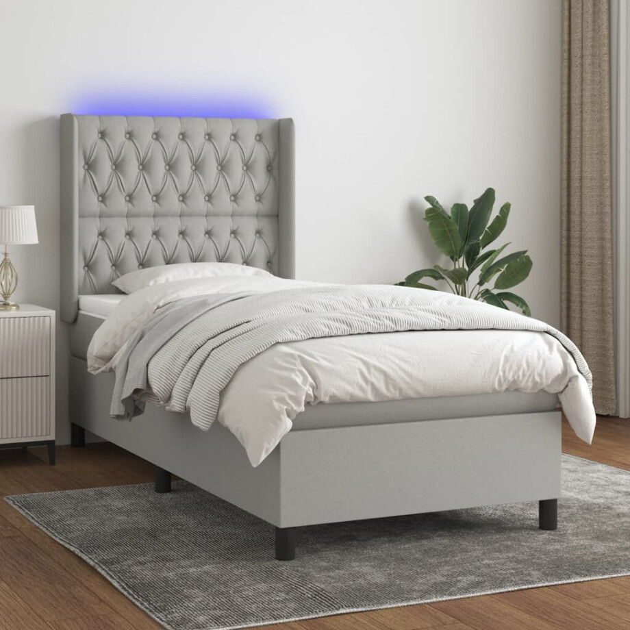 vidaXL Boxspring met matras en LED stof lichtgrijs 90x190 cm afbeelding 1