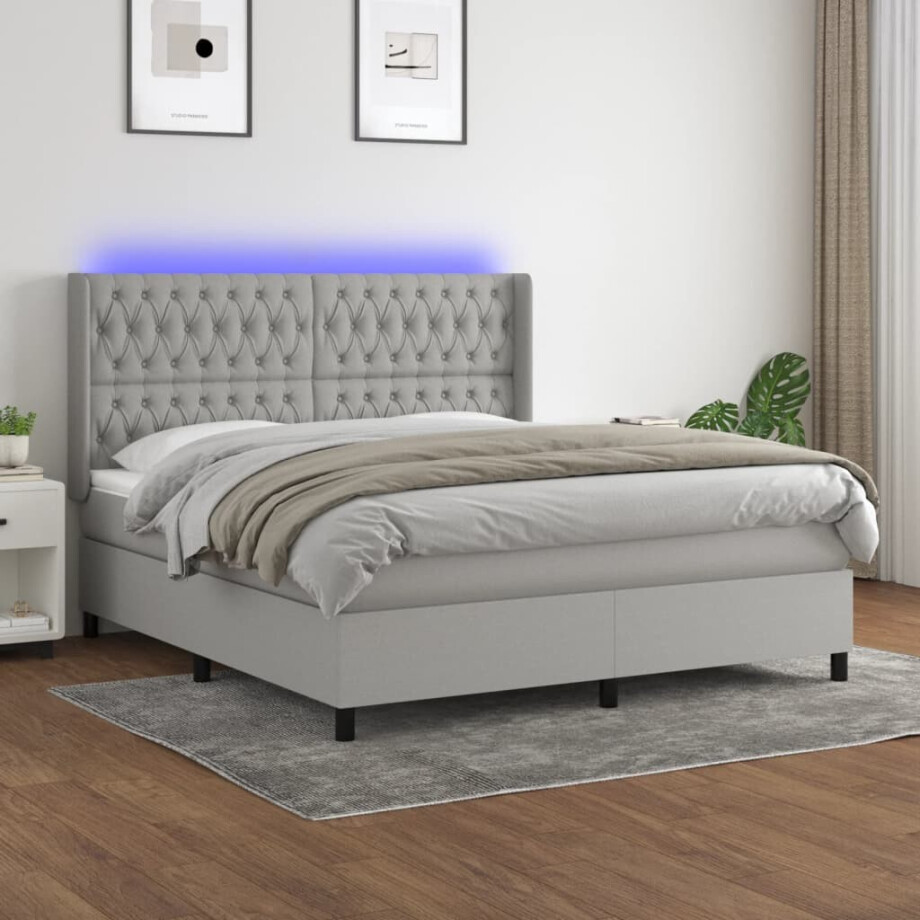 vidaXL Boxspring met matras en LED stof lichtgrijs 180x200 cm afbeelding 1