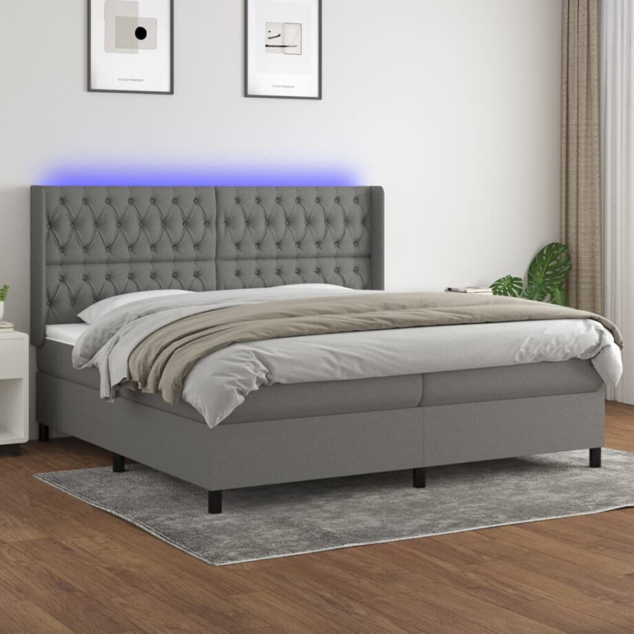 vidaXL Boxspring met matras en LED stof donkergrijs 200x200 cm afbeelding 1