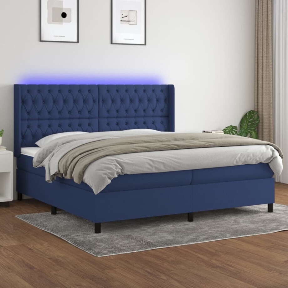 vidaXL Boxspring met matras en LED stof blauw 200x200 cm afbeelding 1