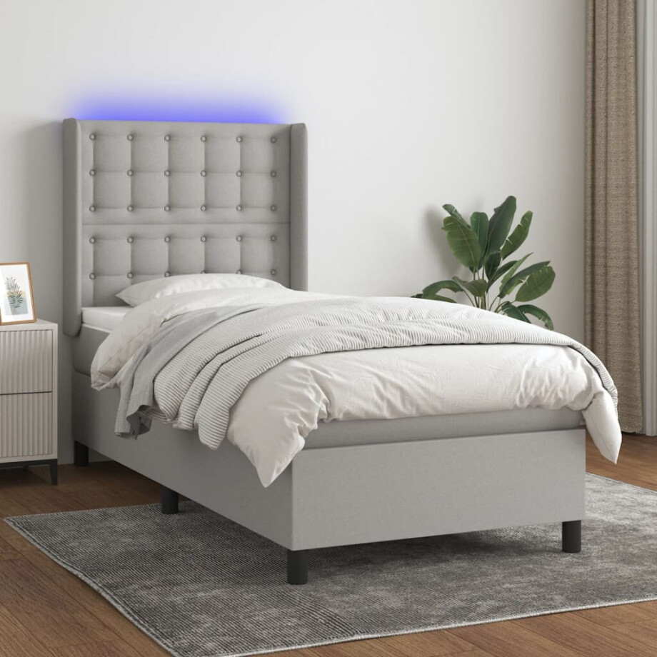 vidaXL Boxspring met matras en LED stof lichtgrijs 90x190 cm afbeelding 1