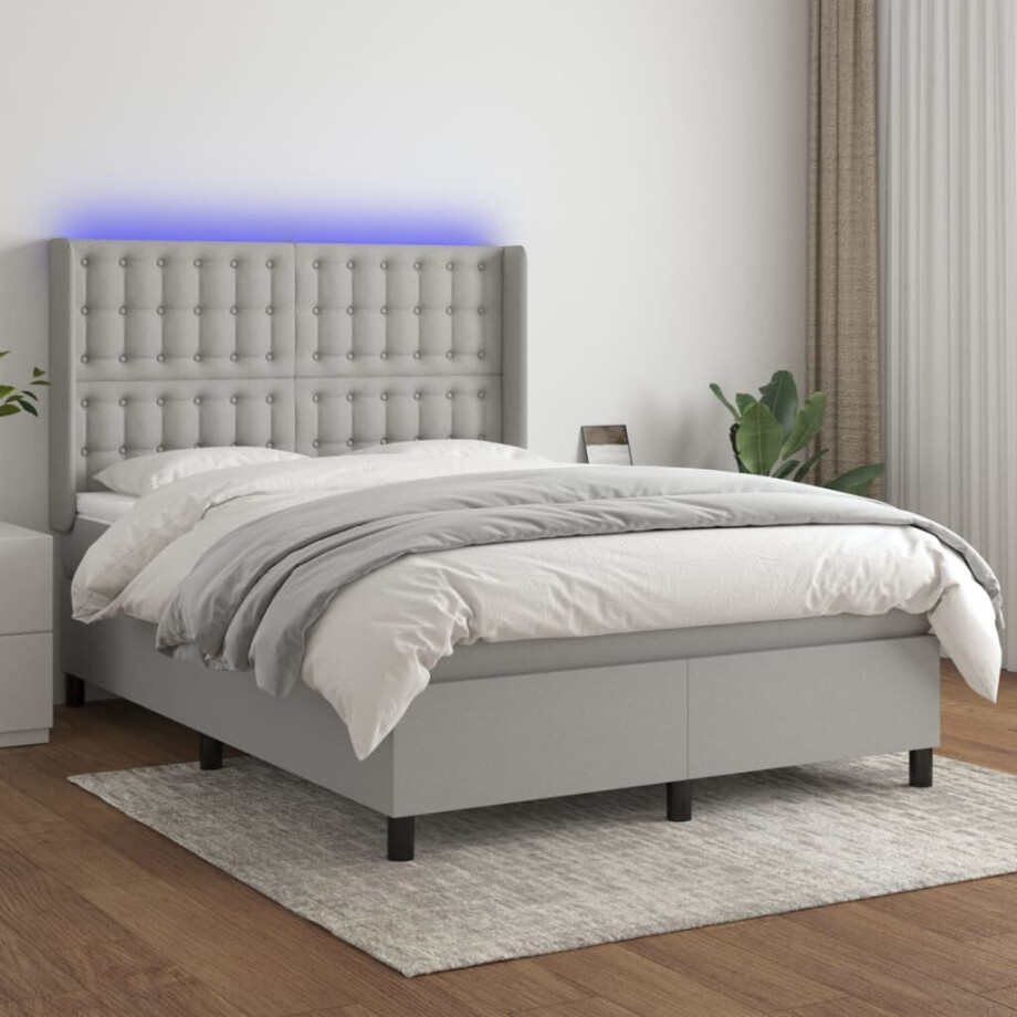 vidaXL Boxspring met matras en LED stof lichtgrijs 140x190 cm afbeelding 1