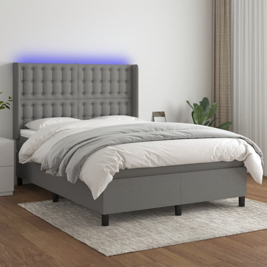 vidaXL Boxspring met matras en LED stof donkergrijs 140x200 cm afbeelding 1