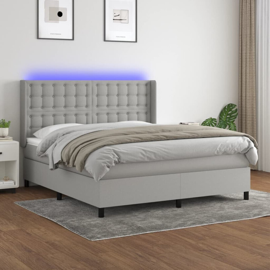 vidaXL Boxspring met matras en LED stof lichtgrijs 180x200 cm afbeelding 1