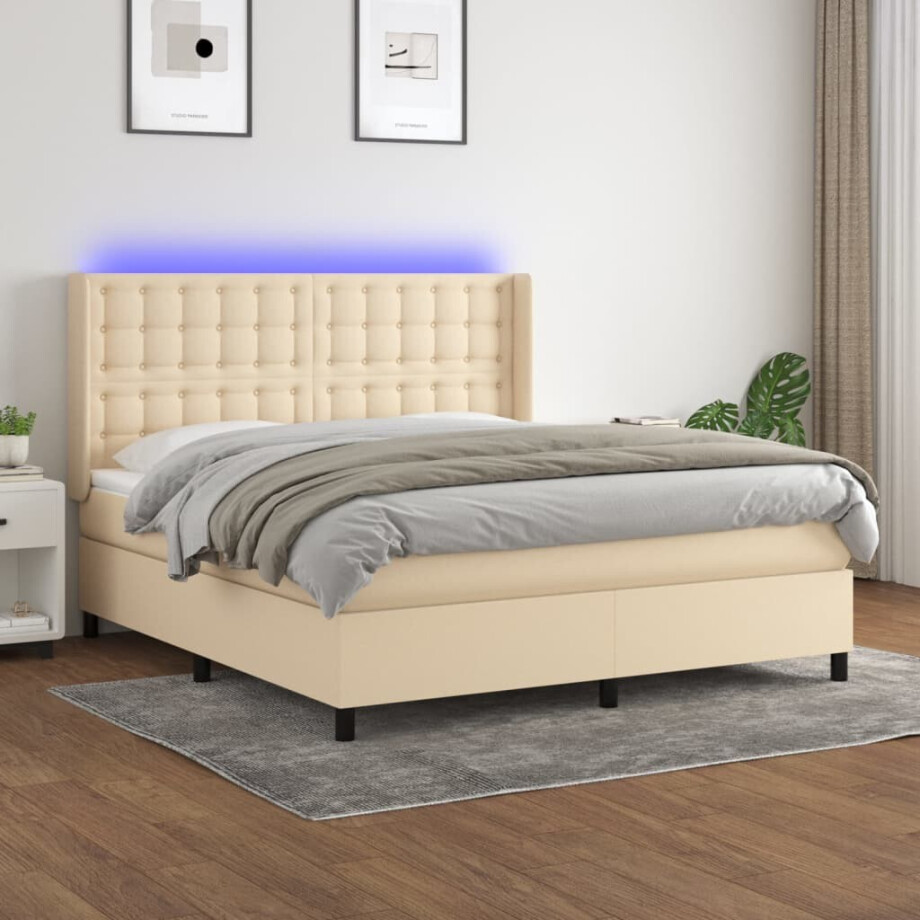 vidaXL Boxspring met matras en LED stof crèmekleurig 180x200 cm vidaXL Boxspring met matras en LED stof crèmekleurig 180x200 cm afbeelding 1
