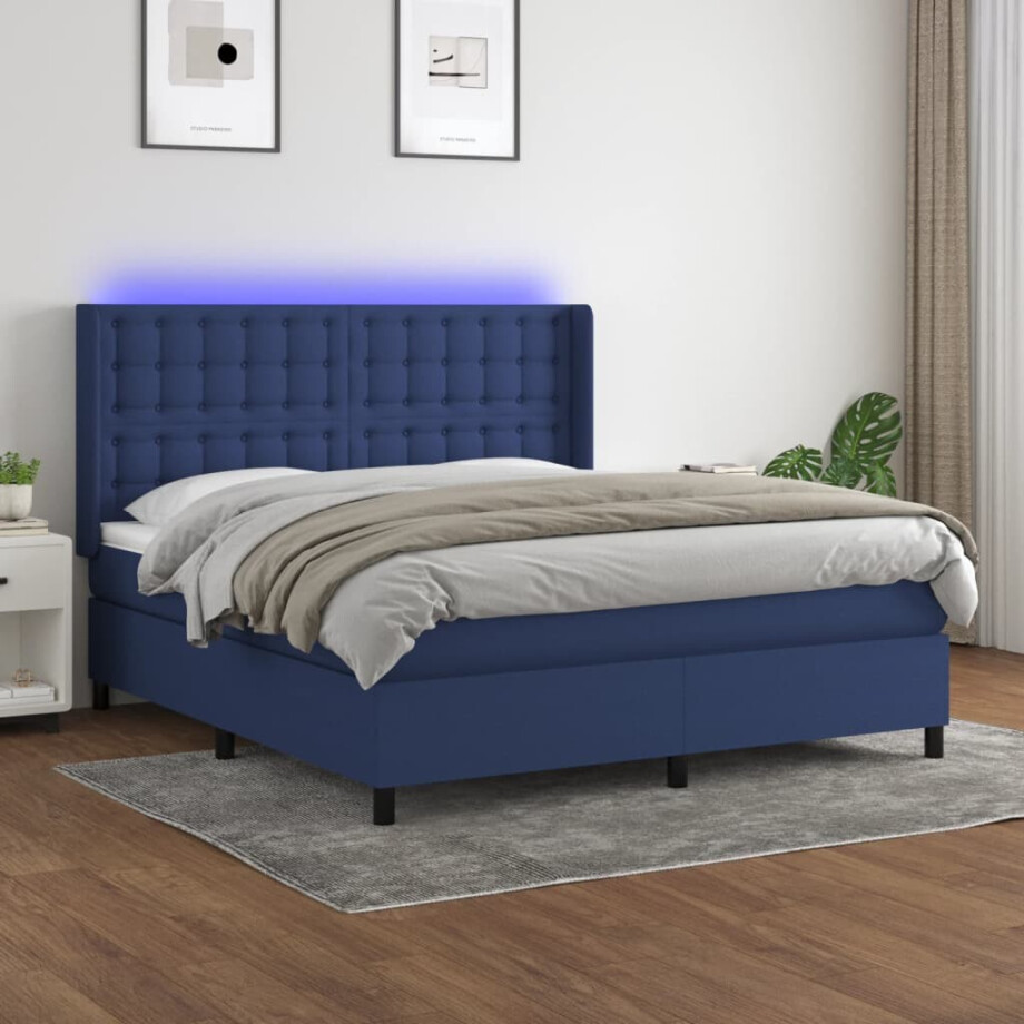 vidaXL Boxspring met matras en LED stof blauw 180x200 cm afbeelding 1