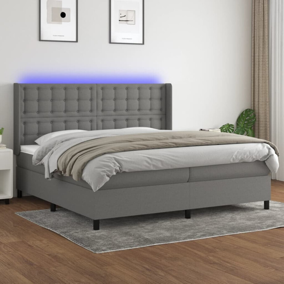 vidaXL Boxspring met matras en LED stof donkergrijs 200x200 cm afbeelding 1
