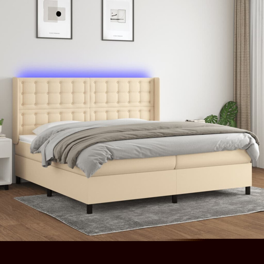 vidaXL Boxspring met matras en LED stof crèmekleurig 200x200 cm afbeelding 1