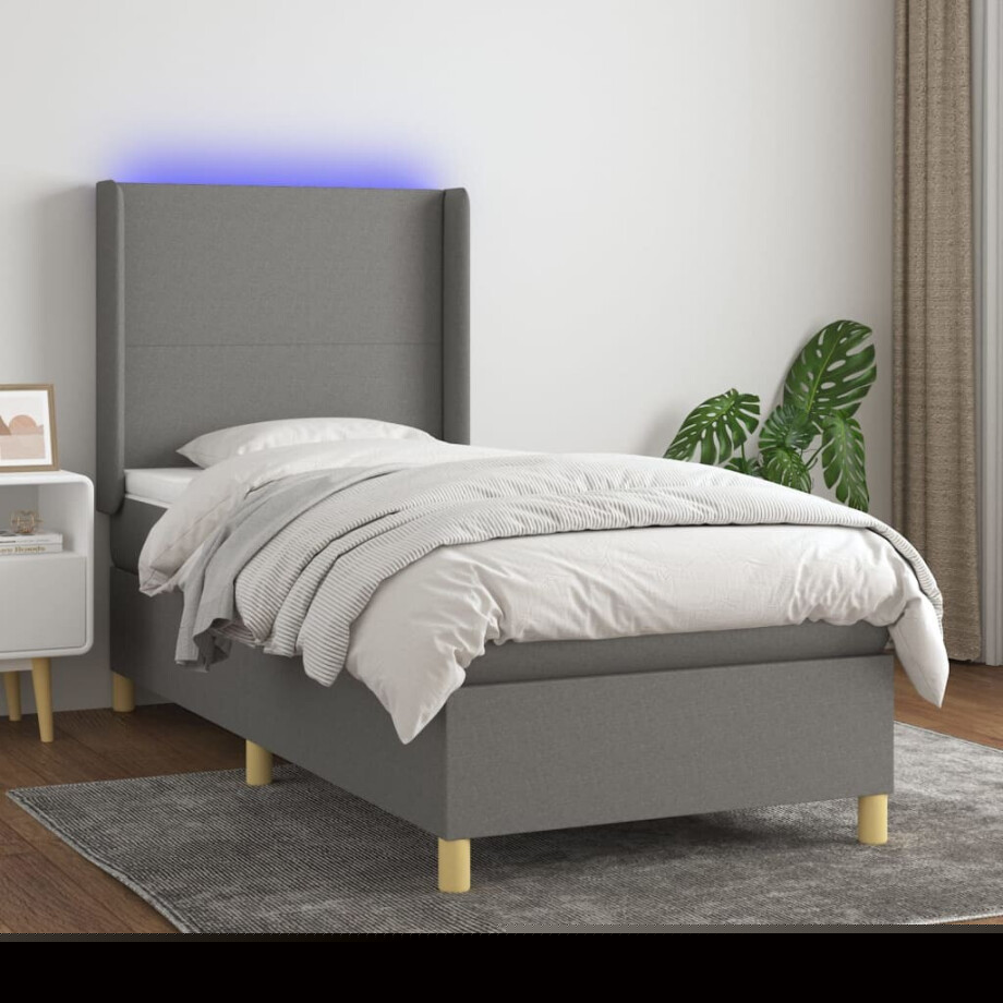 vidaXL Boxspring met matras en LED stof donkergrijs 90x190 cm afbeelding 1