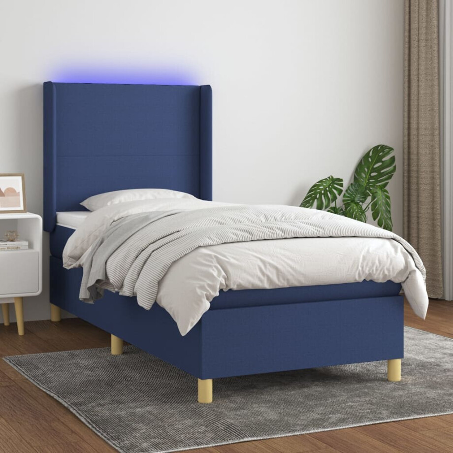 vidaXL Boxspring met matras en LED stof blauw 90x190 cm afbeelding 1