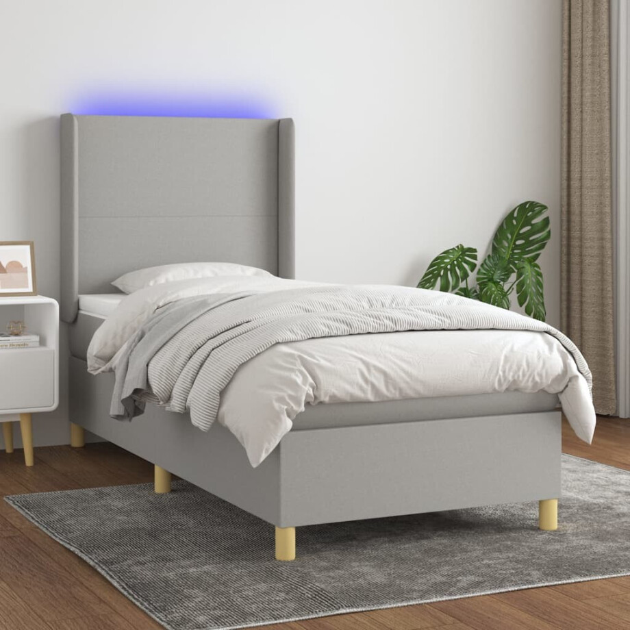 vidaXL Boxspring met matras en LED stof lichtgrijs 90x200 cm vidaXL Boxspring met matras en LED stof lichtgrijs 90x200 cm afbeelding 1