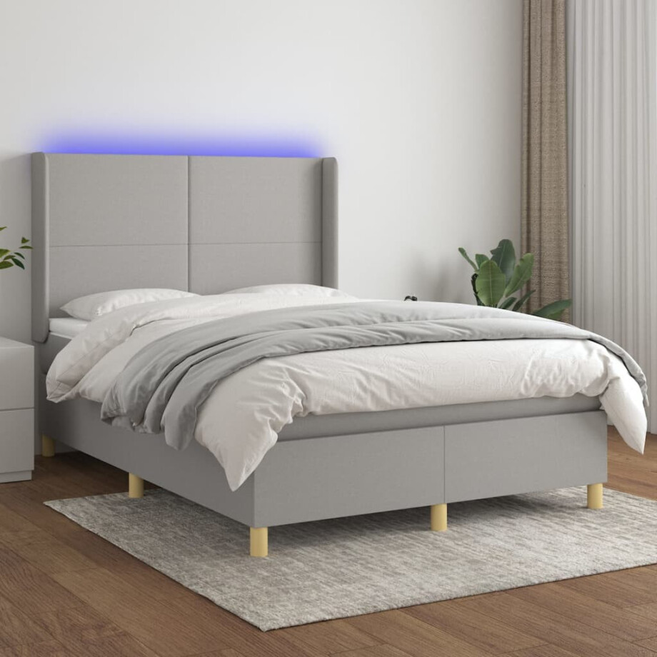 vidaXL Boxspring met matras en LED stof lichtgrijs 140x190 cm afbeelding 1