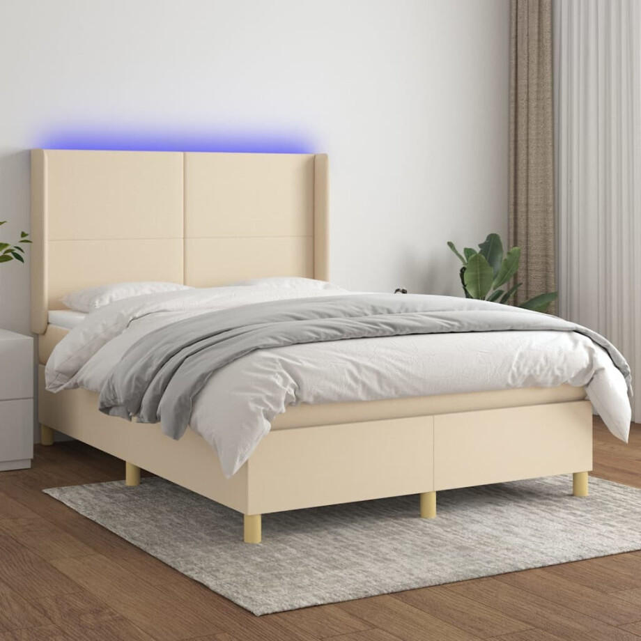 vidaXL Boxspring met matras en LED stof crèmekleurig 140x200 cm afbeelding 1