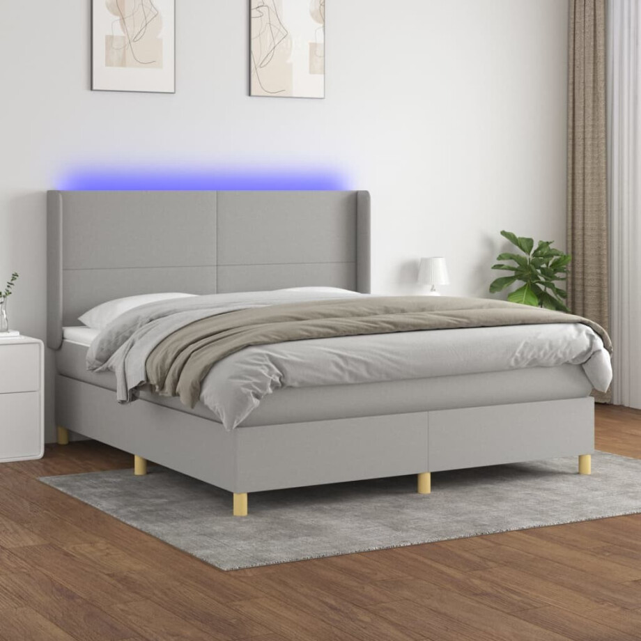 vidaXL Boxspring met matras en LED stof lichtgrijs 180x200 cm afbeelding 1