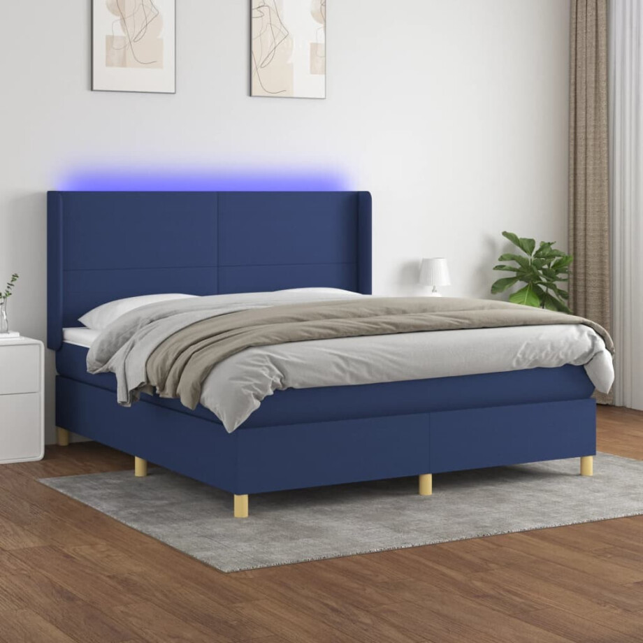 vidaXL Boxspring met matras en LED stof blauw 180x200 cm afbeelding 1