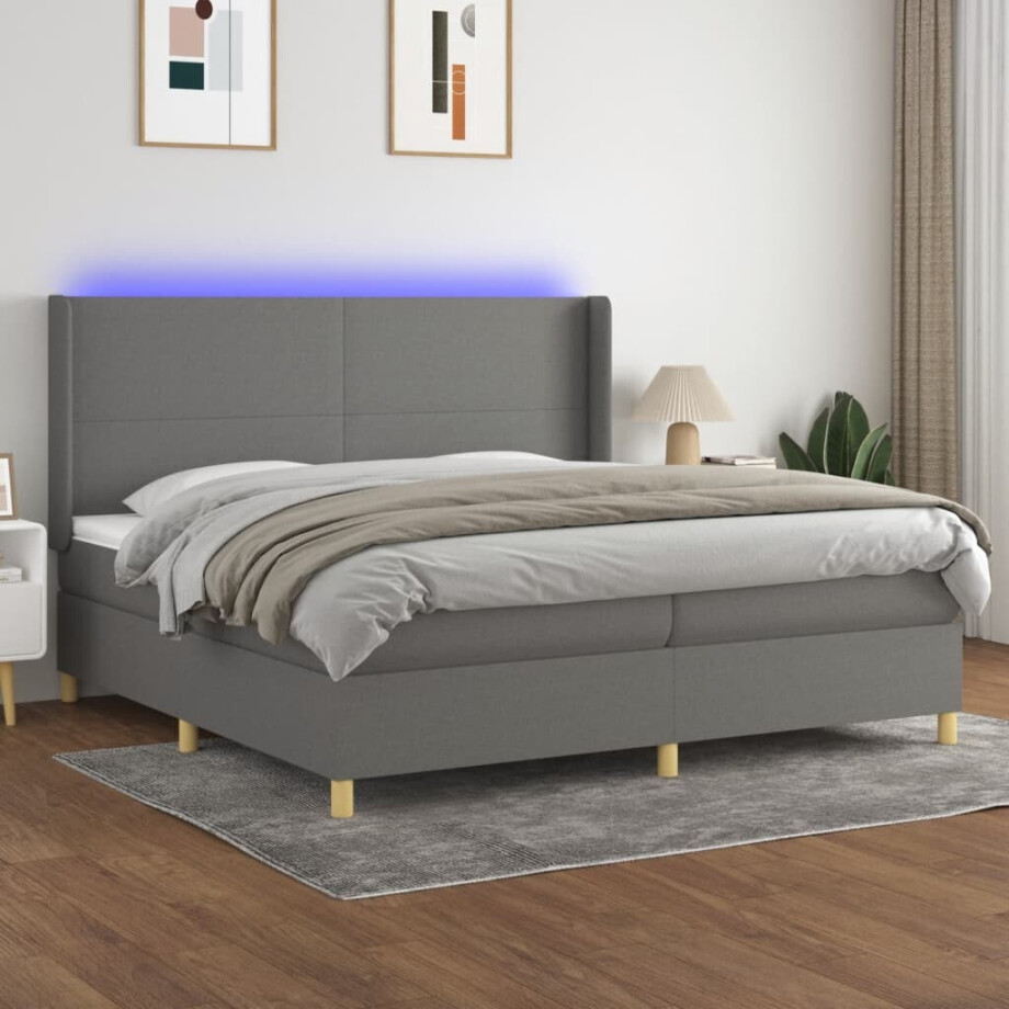 vidaXL Boxspring met matras en LED stof donkergrijs 200x200 cm afbeelding 1