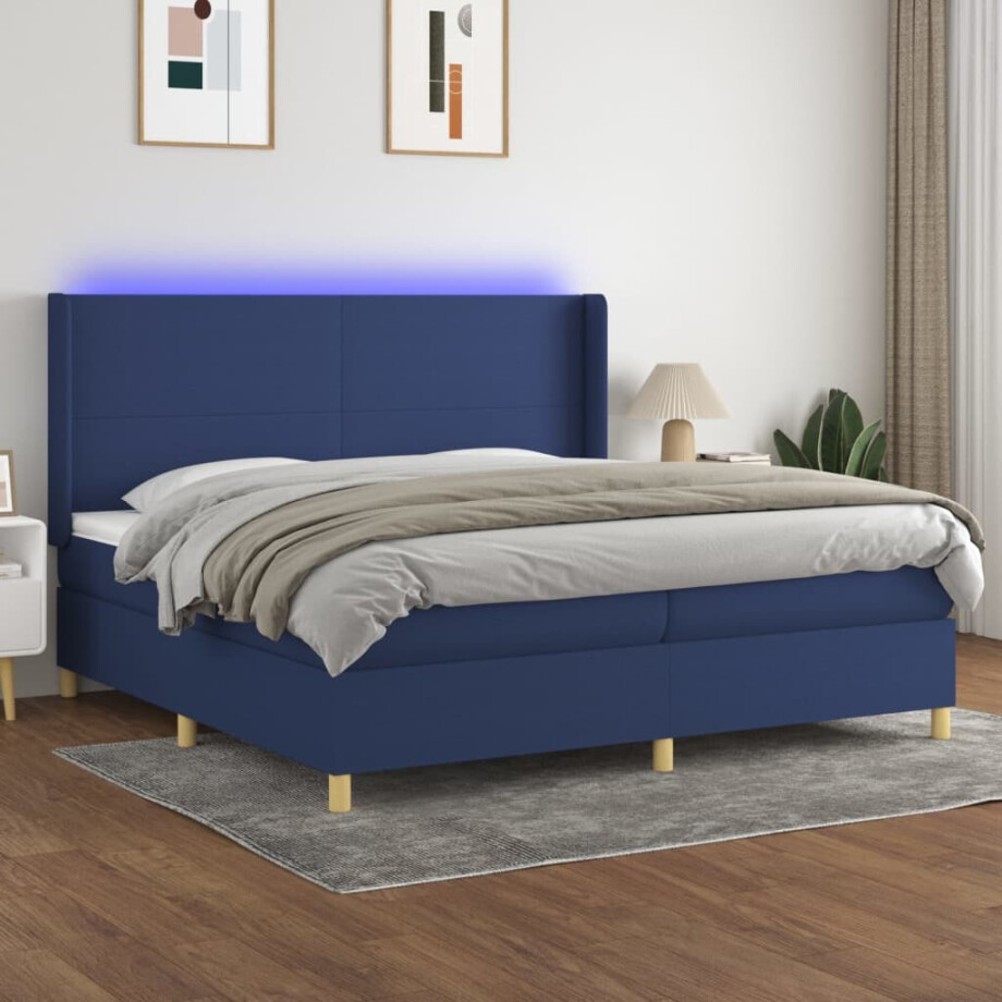 vidaXL Boxspring met matras en LED stof blauw 200x200 cm afbeelding 1