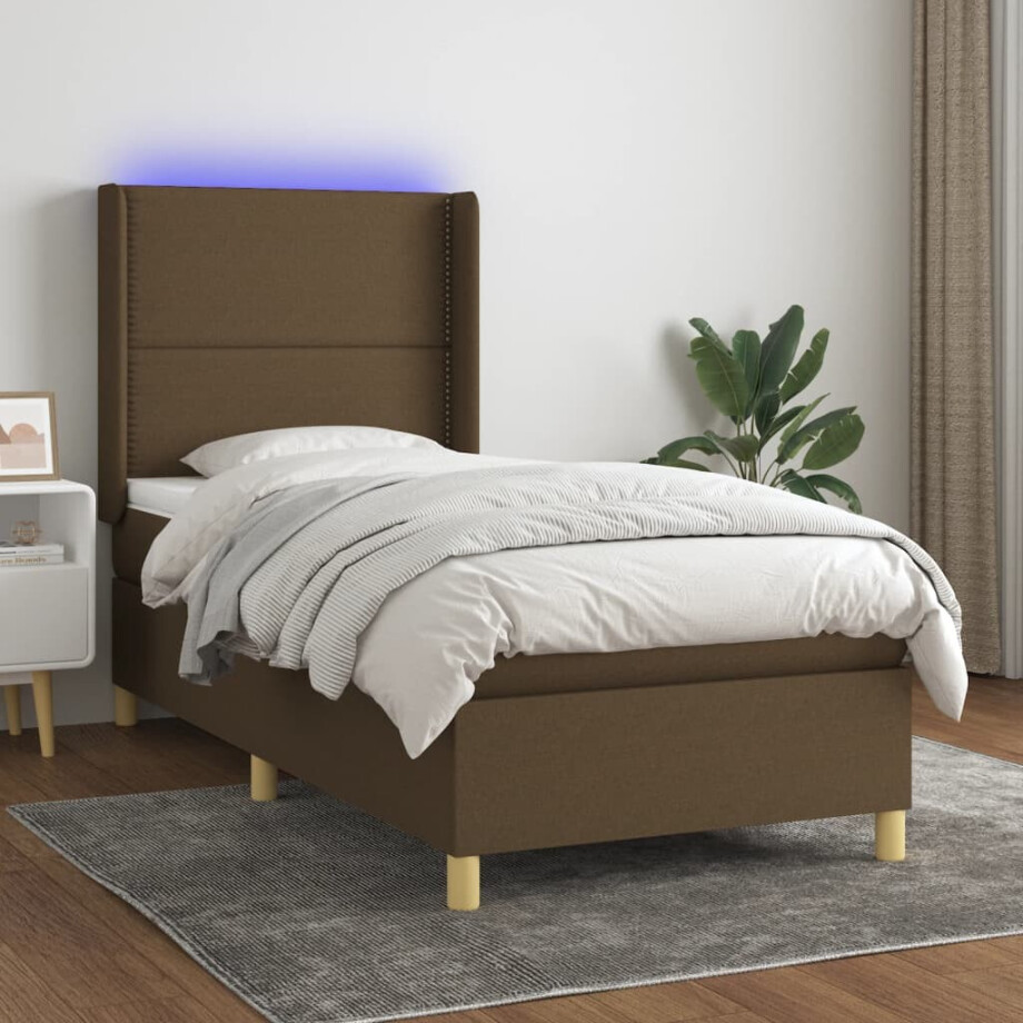 vidaXL Boxspring met matras en LED stof donkerbruin 90x190 cm afbeelding 1