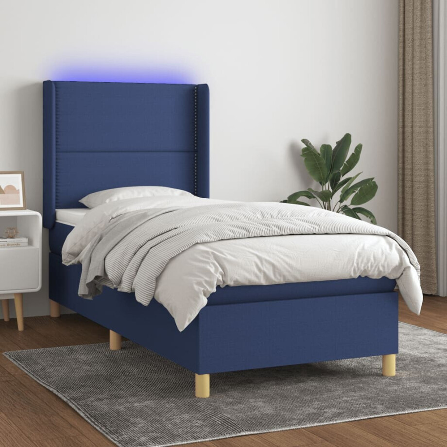 vidaXL Boxspring met matras en LED stof blauw 90x200 cm afbeelding 1