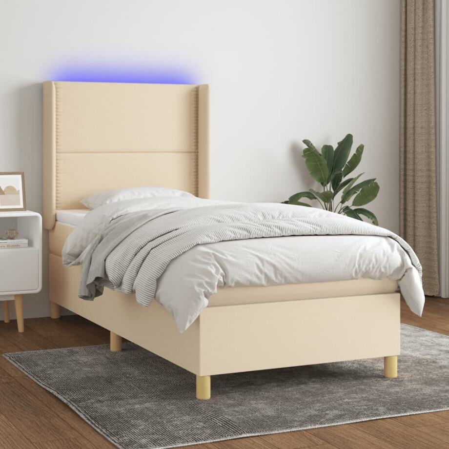 vidaXL Boxspring met matras en LED stof crèmekleurig 100x200 cm afbeelding 1