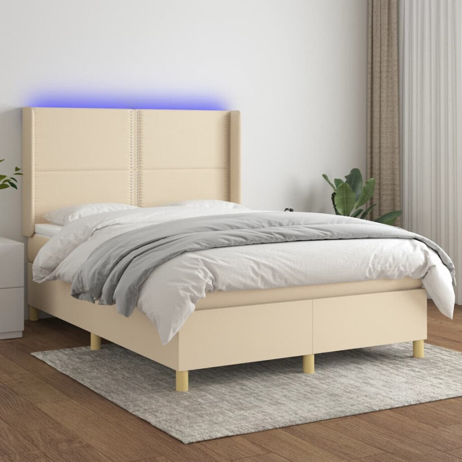 vidaXL Boxspring met matras en LED stof crèmekleurig 140x200 cm afbeelding 1