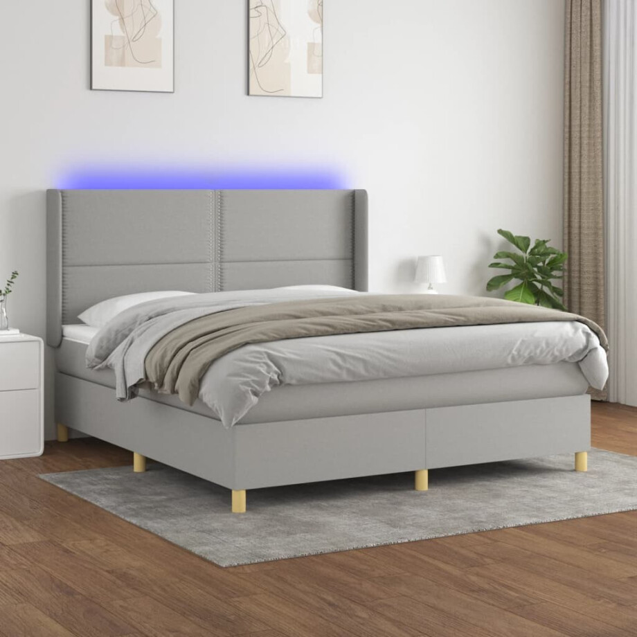 vidaXL Boxspring met matras en LED stof lichtgrijs 180x200 cm afbeelding 1