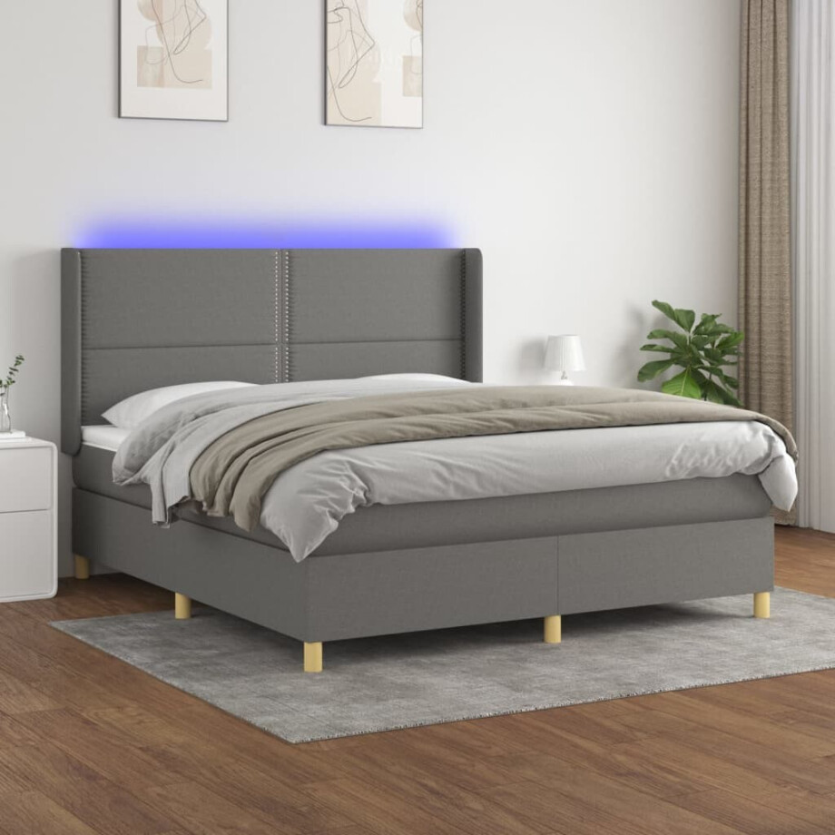 vidaXL Boxspring met matras en LED stof donkergrijs 180x200 cm afbeelding 1