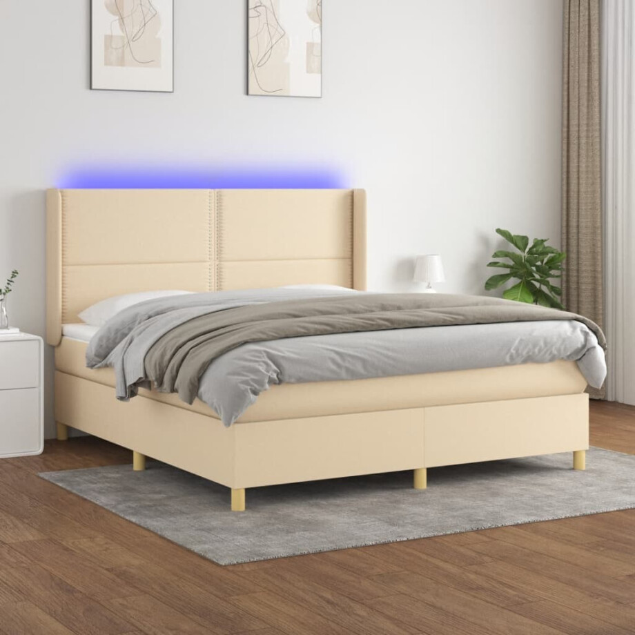 vidaXL Boxspring met matras en LED stof crèmekleurig 180x200 cm afbeelding 1