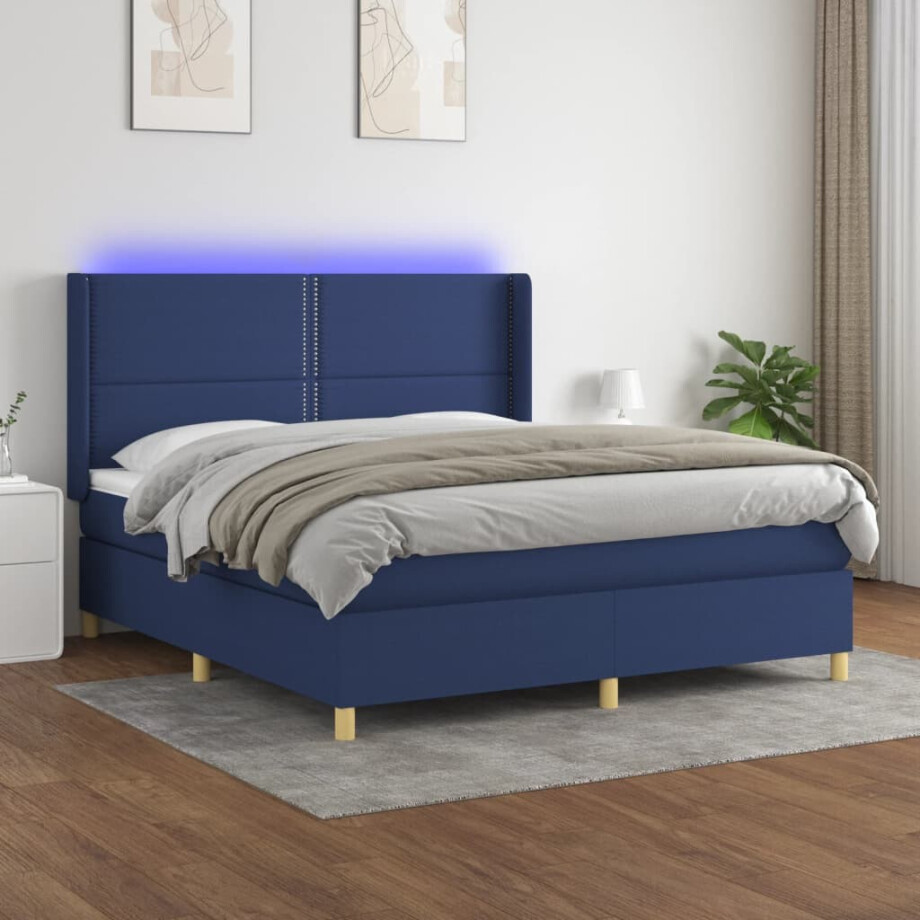 vidaXL Boxspring met matras en LED stof blauw 180x200 cm afbeelding 1